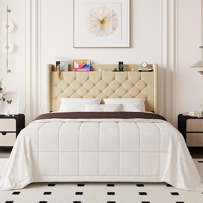 Allewie Full Size Bed Frame, Storage Headboard with Charging Station, Wingback Linen Upholstered, Diamond Stitched Button Tufted, Sturdy Wooden Slats, No Box Spring Needed, Easy Assembly, Beige