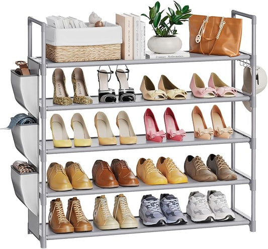 Shoe Rack for Closet Shoe Organizer Space Saver Storage for 20-25 Pair Shoe Shelf with Hook and Side Pocket Free Standing 5 Tier Shoe Rack Organizer for Entryway,Small Spaces, Grey