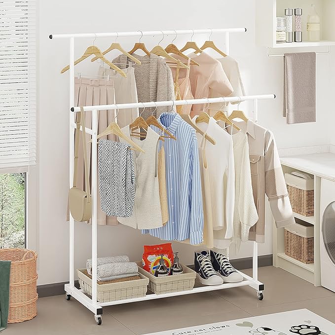 Calmootey Double Rod Clothing Garment Rack,Rolling Hanging Clothes Rack,Portable Clothes Organizer for Bedroom,Living Room,Clothing Store,White
