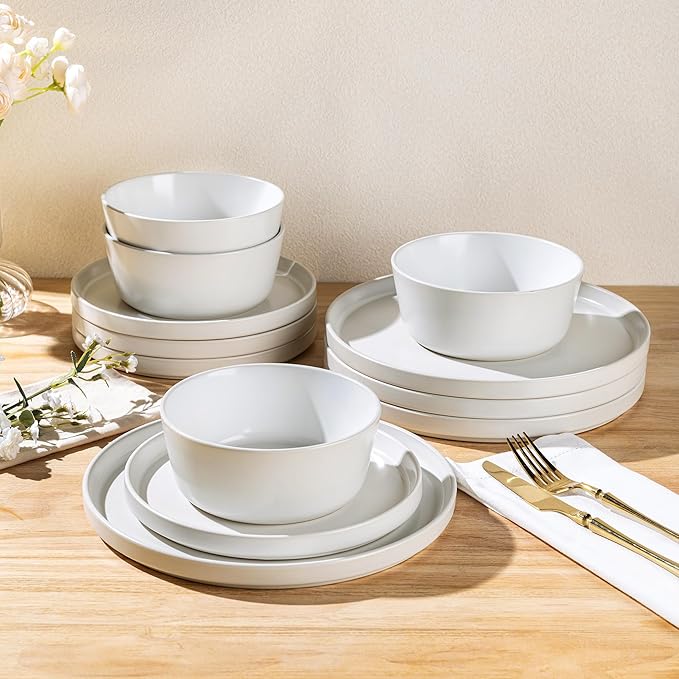 AmorArc Ceramic Dinnerware Sets for 4,Stoneware Plates and Bowls Sets,Chip and Crack Resistant | Dishwasher & Microwave Safe Ceramic Dishes,Service for 4 (12pc)-White