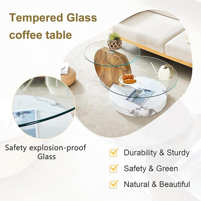 Glass Coffee Table, Modern Round Glass Coffee Table with Wooden Base, 3 Tier Round Coffee Table, Clear Cocktail Table with Storage for Living Room, Office, Balcony, Wood and White