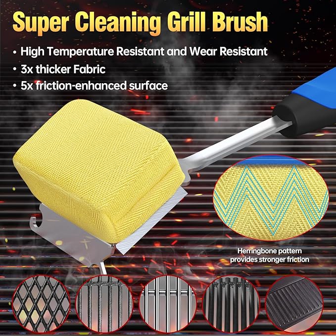 Grill Brush Bristle Free for Outdoor Grill, Steam Grill Cleaning Brush Replaceable BBQ Cleaner Brush Head,Extended Handle, Safe Grill Brush with Scraper for Cast Iron Stainless-Steel Grates,Blue