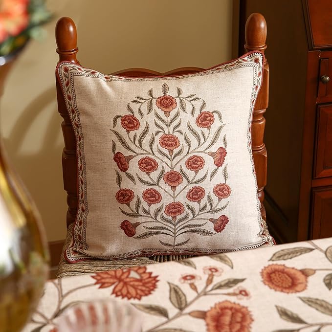 Design Linen Square Vintage Throw Pillow Covers 18"x18" Pack of 2, Brick Red Cushion Covers with Orange Floral Green Leaves Pattern Decoration Pillowcases for Bed,Living Room,Outdoor,Car