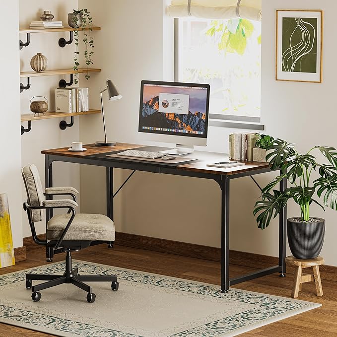 Huuger Computer Desk, 63 Inch Office Desk, Gaming Desk Writing Desk, Work Desk for Home Office, Study, Modern Simple Desk, Large Legroom, Metal Frame, Rustic Brown and Black