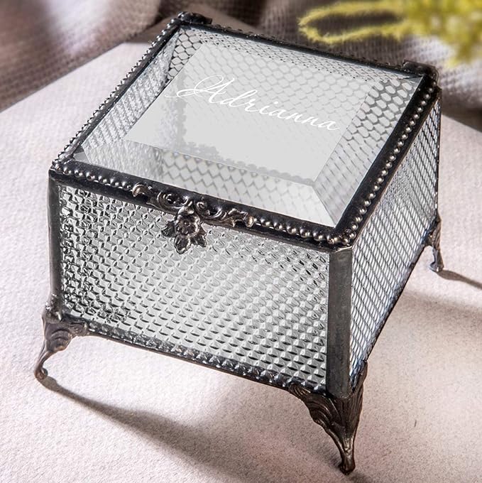 Personalized Clear Honeycomb Glass Box Decorative Vanity Display Case Storage Jewelry Organizer Keepsake Gift for Her Girl Women Vintage Decor J Devlin Ellen Box 825 EB245