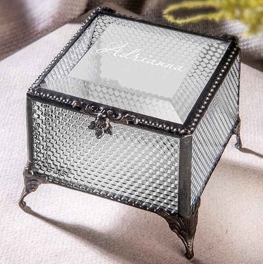 Personalized Clear Honeycomb Glass Box Decorative Vanity Display Case Storage Jewelry Organizer Keepsake Gift for Her Girl Women Vintage Decor J Devlin Ellen Box 825 EB245