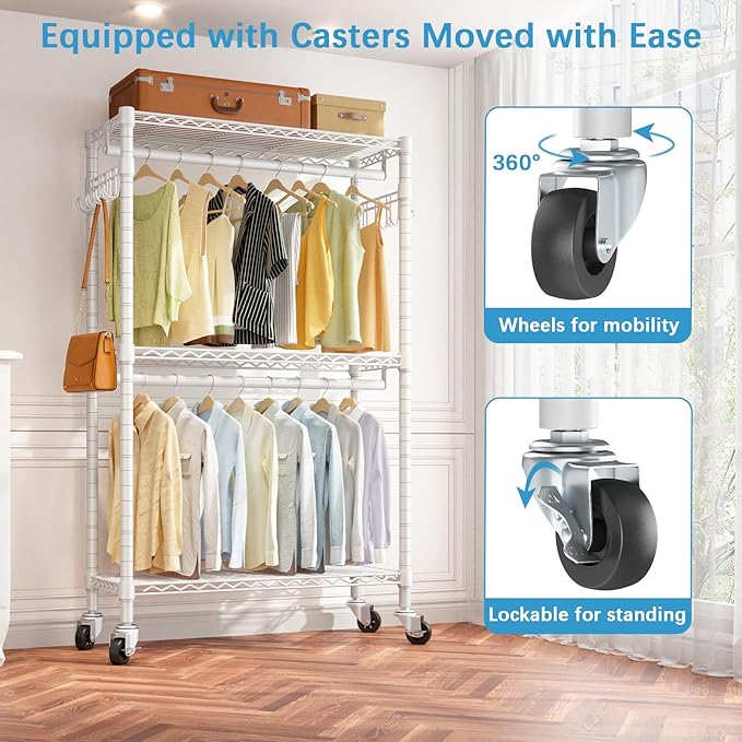 VIPEK R2 Heavy Duty Rolling Garment Rack 3 Tiers Adjustable Clothes Racks with Double Rods & Hooks, Freestanding Wardrobe Closet Storage Rack Metal Clothing Racks for Hanging Clothes, White
