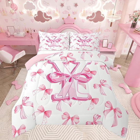 jejeloiu Kids Girls Cute Pink Bow Comforter Set King Size Monogrammed Bedding Set Ultra Soft Personalized Initial Y Duvet Quilt Coquette Bow Knot Quilt Set Room Decor Modern Fashion Comforter