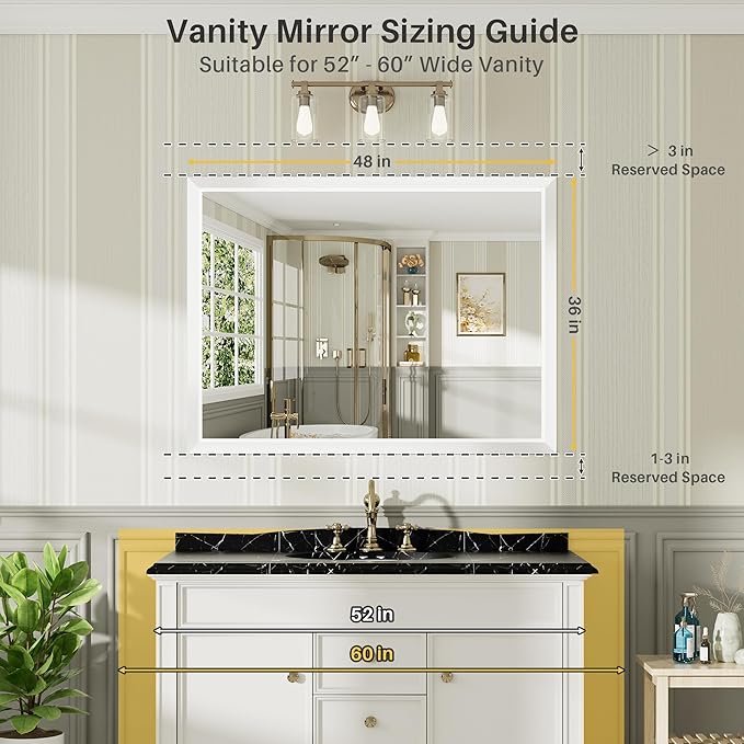 48x36 Inch White Bathroom Mirror for Wall, Thick Metal Framed Rectangle Mirrors for Over Sink, Bedroom, Living Room, Entryway, Anti-Rust, HD Tempered Glass