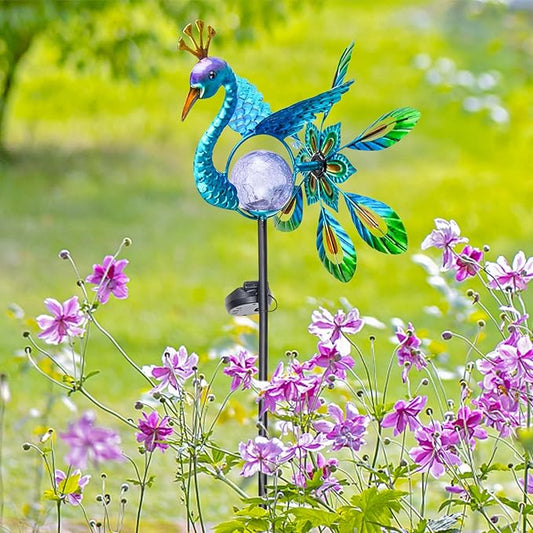 Peacock Solar Light Wind Spinner Outdoor Garden Decoration, Waterproof Garden Stake LED with Cracked Glass Ball, Gift for Mom, Father's Day Gift, Lawn Ornaments for Pathway, Patio, Yard Decor Outdoor