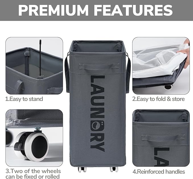 Goodpick Hamper with Wheels, 2-Pack 75L Foldable Laundry Baskets with Removable Wash Bags, Dirty Laundry Basket for Corner Dorm,Grey