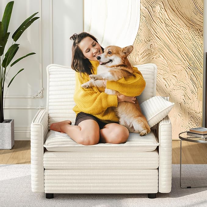 Vesgantti 40" Single Seat Sofa, Comfy Cloud Couch Deep Seat Upholstered Couch Corduroy Modern Sofa with Armrest Pillow, Easy Assembly for Living Room, Bedroom and Apartment, Beige