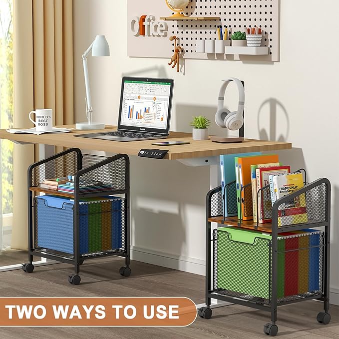 Rolling File Cabinet with Adjustable Dividers, Mobile Filing Cabinet with Storage Drawer on Lockable Wheels, Hanging File Organizer Beside Under Desk for Office, Home（Patent Pending）