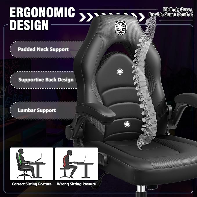 Gaming Chair, Leather High-Back Home Office Desk Chair with Flip-Up Arms, Ergonomic Padded Rolling Wheels Swivel Tilt Gamer Computer Chair with Comfy Lumbar Support, Height Adjustable, Black