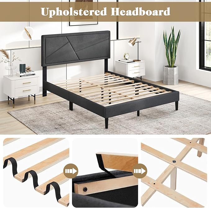 Giantex Full Size Platform Bed Frame, Modern Upholstered Bed Frame with Geometric Tufting Headboard, Wooden Slats Support, No Box Spring Needed, Gray