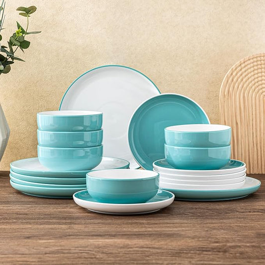 GBHOME 18 Pieces Ceramic Dinnerware Set, Modern White Dish Set for 6，Scratch Resistant Smooth Plates and Bowls Sets，Oven Safe，Microwave & Dishwasher