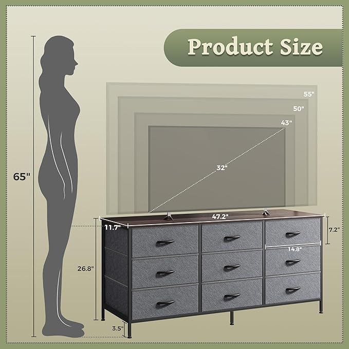 Huuger 9 Drawer Dresser for Bedroom, 47 Inch Dresser TV Stand for 50, 55 Inch TV, Entertainment Center for Bedroom, Fabric Storage with Drawer, Closet, Dark Grey