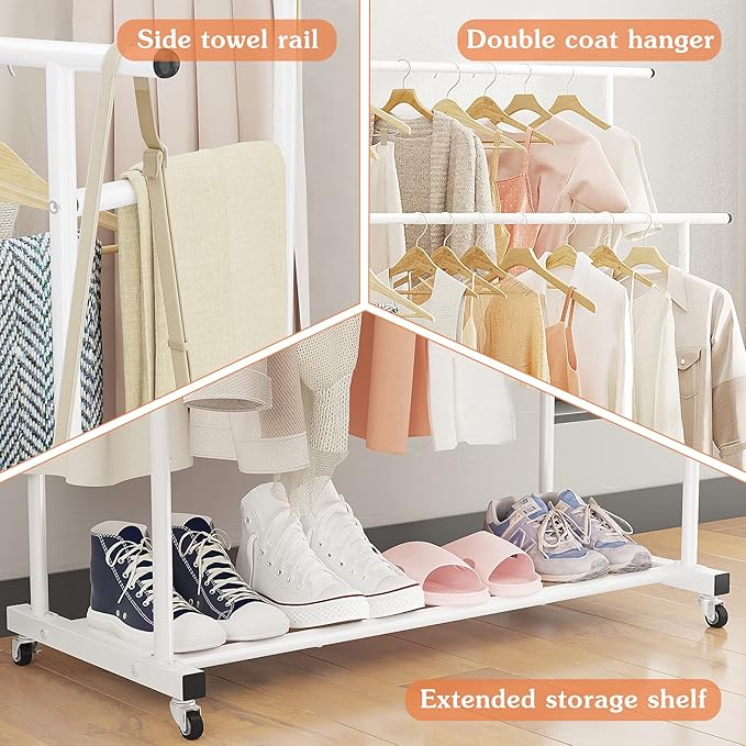 Calmootey Double Rod Clothing Garment Rack,Rolling Hanging Clothes Rack,Portable Clothes Organizer for Bedroom,Living Room,Clothing Store,White