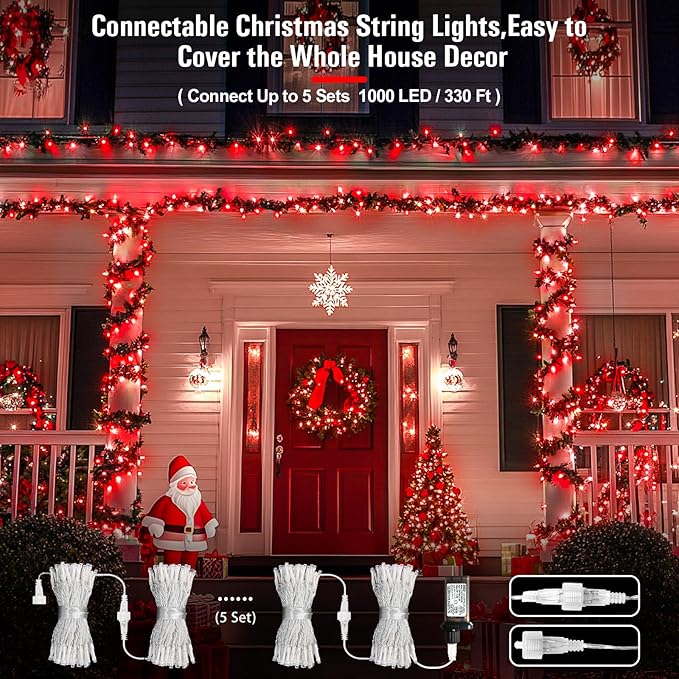 JMEXSUSS Red Christmas Lights Outdoor Indoor, 66ft 200 LED Red String Lights Clear Wire, 8 Modes Xmas Twinkle Fairy Light Plug in for Tree Room Party Christmas Decorations