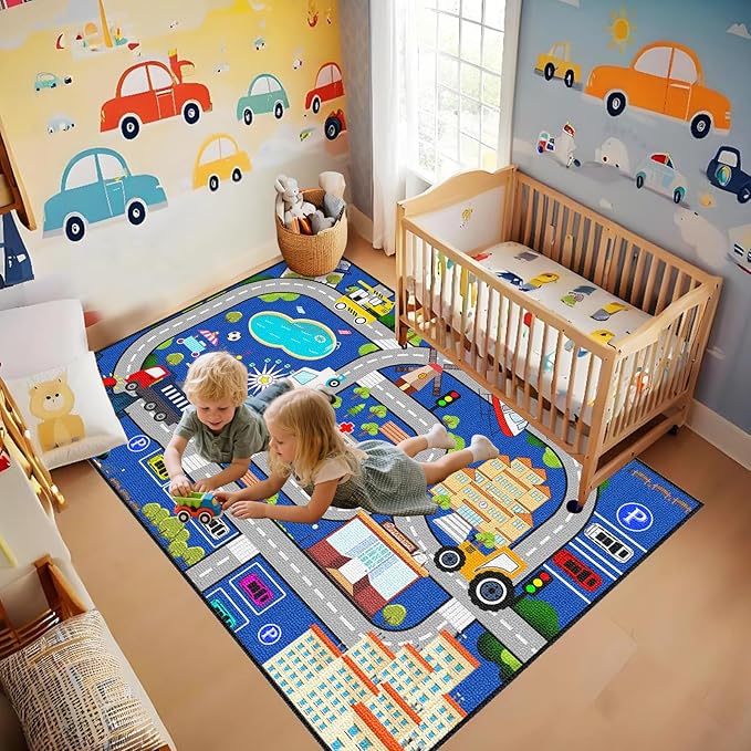 Car Rugs for Kids Toy Cars - Kids Carpet for Playroom Car Track Rug City Life Road Rug for Playroom Living Room Bedroom Classroom Decor, Blue, 2'5''×4'