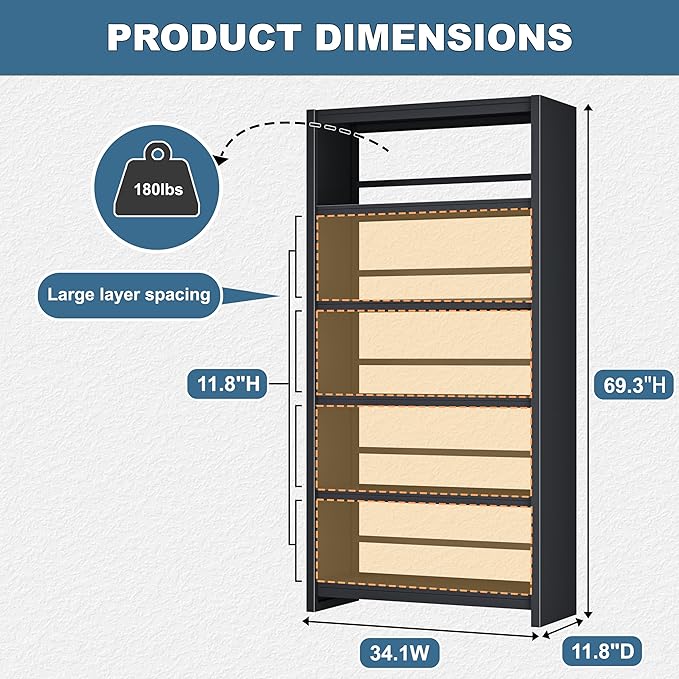 Bookshelf,5 Tier Bookshelves,69" Tall Metal White Bookcase,Install Simple Bookshelves for Bedroom, Living Room,Home Office/Library (Black)