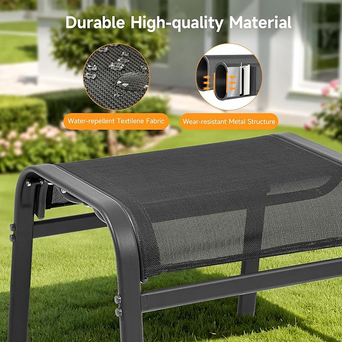ONBRILL Outdoor Ottoman Foot Rest Set of 2, Textilene Fabric Outdoor Footstool with Tight Surface and Stable Metal Frame, Wide Use Outdoor Ottomans for Patio, Balcony, Poolside and Indoors, Black