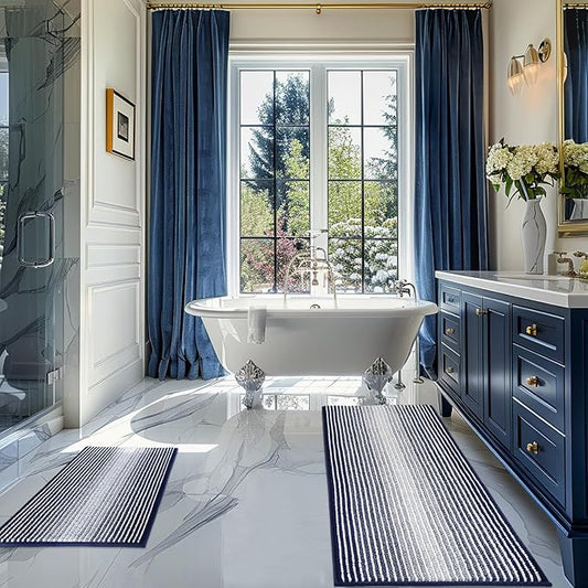 BSICPRO Bathroom Rugs and Mats Sets, 2 Piece Thick Absorbent Chenille Bath Mat Rug Set Non Slip, Soft Shaggy Bath Room Floor Mats for Bathroom, Machine Washable (Navy, 20" x 47" Plus 20" x 32")