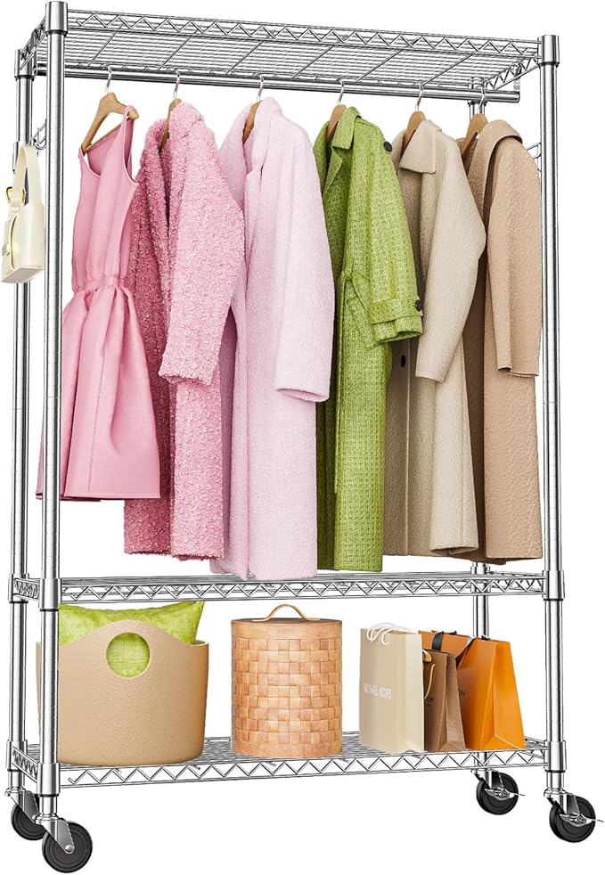Heavy Duty Rolling Garment Rack 3 Tiers Adjustable Wire Shelving Clothes Rack with 1 Rods and Side Hooks,Storage Closet Clothing Rack with Wheels Chrome 15.7" D x 45.3" W x 75.6" H