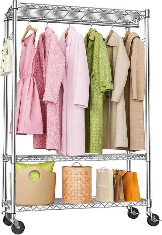 Heavy Duty Rolling Garment Rack 3 Tiers Adjustable Wire Shelving Clothes Rack with 1 Rods and Side Hooks,Storage Closet Clothing Rack with Wheels Chrome 15.7" D x 45.3" W x 75.6" H