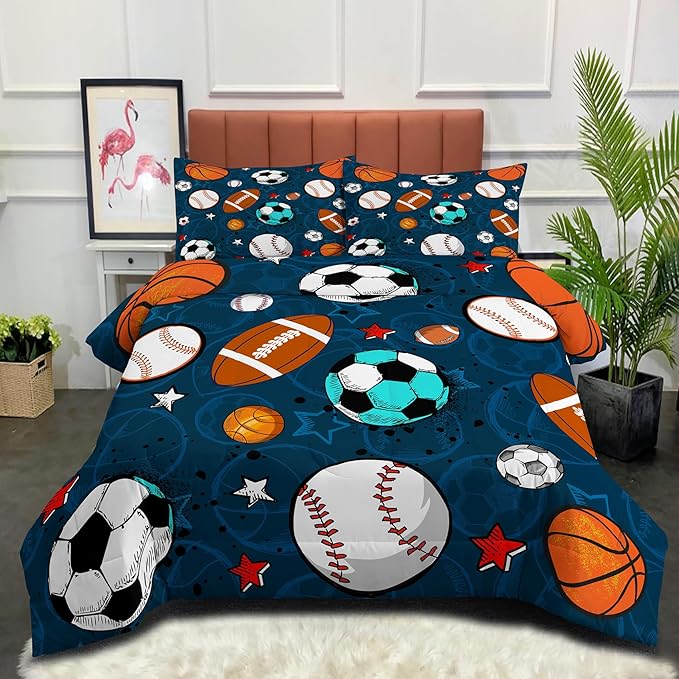 Tailor Shop Sports Boys Comforter Sets Queen Size,Sports Bedding Sets for Boys Kids Teens Football Basketball Baseball Ball with 2 Pillowcase……