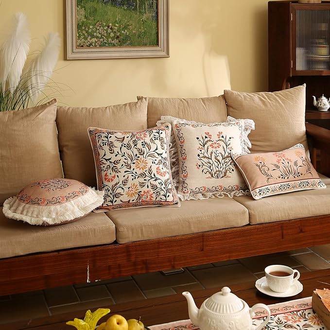 Design Linen Round Throw Pillow Covers Diameter 16", French Country Cushion Covers with Pink Heavy Lilies Floral Pattern Decor Pillowcases for Bed, Living Room, Outdoor, Car