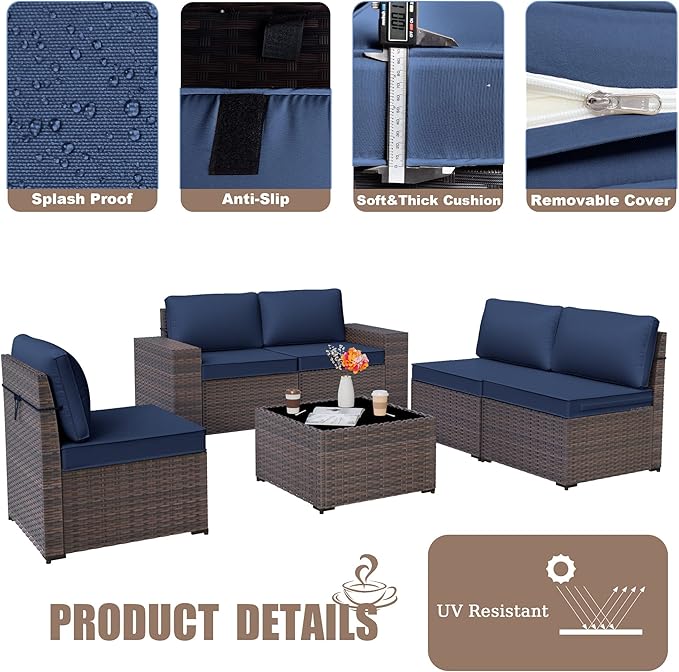 Kurapika 9 Pieces Patio Furniture Set, Rattan Wicker Sofa Set, Outdoor Conversation Sets w/Swivel Rocking Chairs Patio Sectional Sofa w/4in Cushion, Navy Blue