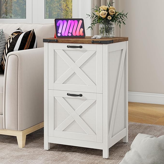 Vertical File Cabinet with 2 Drawers, Wooden Farmhouse Filing Cabinet for Letter/A4 Size Hanging Files, Under Desk Printer Stand with Storage for Home Office, Rustic White