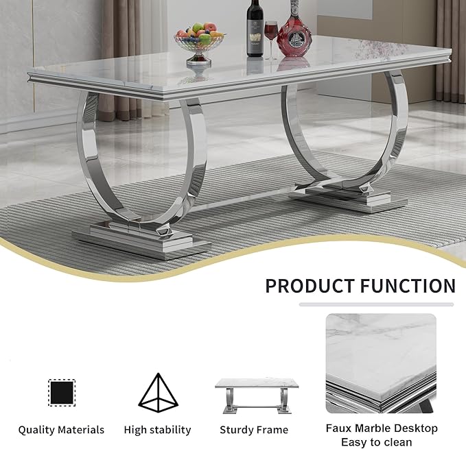 Goujxcy 5 Piece Marble Dining Table Set for 4, Luxury 70" White Marble Silver Kitchen Table with 4 Grey Velvet Upholstered Chairs, Modern 4 Person Dining Room Table Set for Kicken Dining Office Room