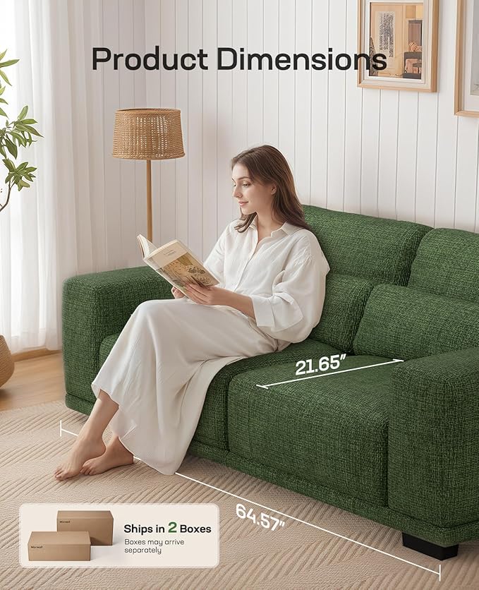 Marsail 2-Seater Modern Sofa, 65" Loveseat Couch with Wide Armrests & Deep Cushions, Linen Sofas with Removable Washable Covers for Living Room, Green
