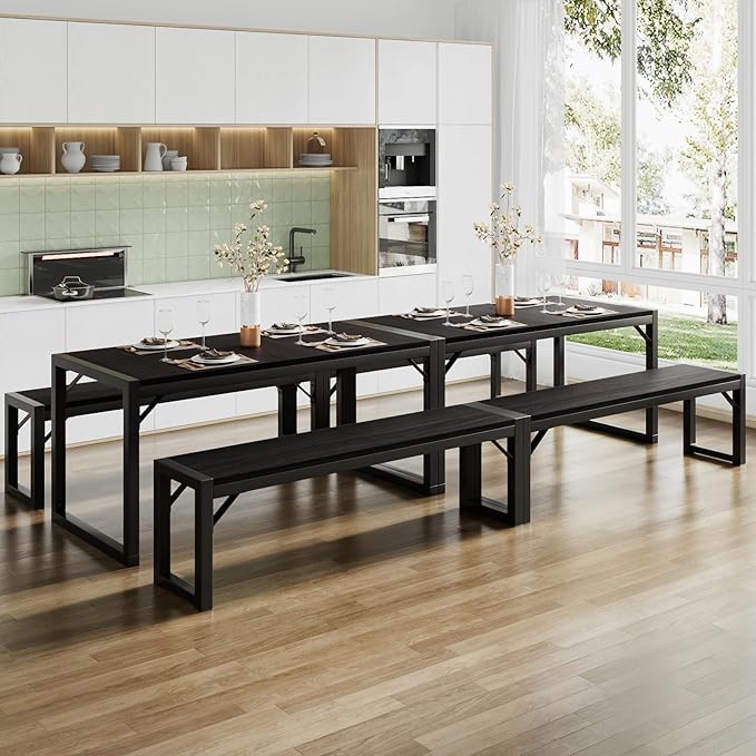 SHA CERLIN Kitchen Dining Table Set for 4 with Benches, Rustic Small Space Saving Dinette, Heavy Duty Metal Frame