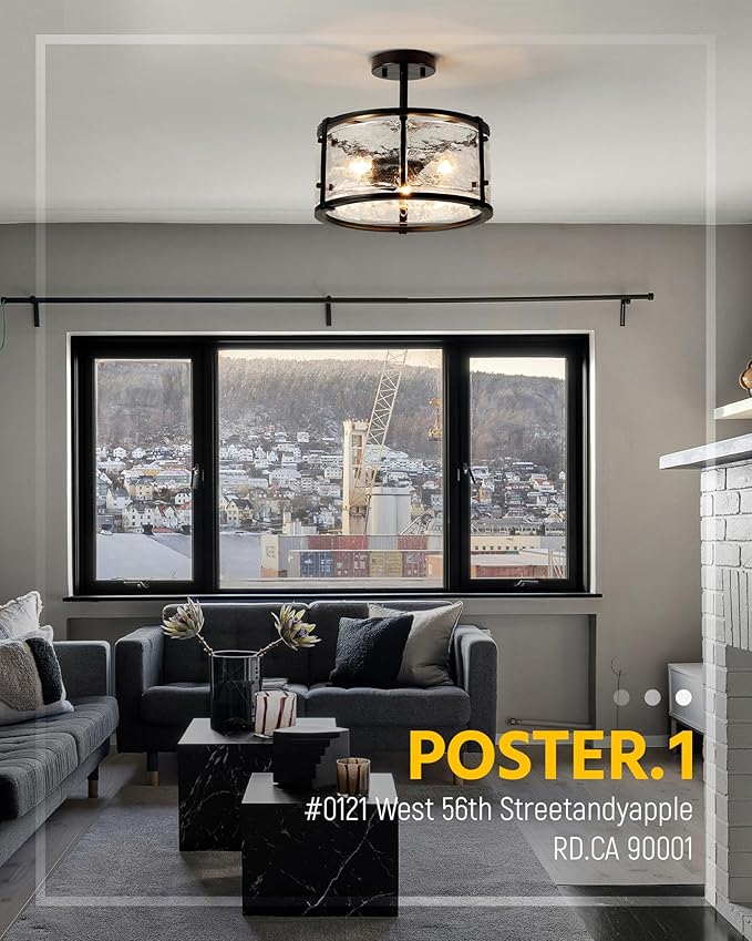 Semi Flush Mount Ceiling Light Fixturs - Black Ceiling Lights - 14inch Ceiling Light Fixtures with Glass - E12 3-Light Hallway Lighting Fixtures C2118-BK