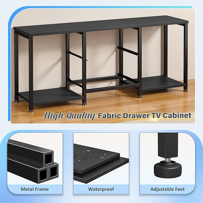 LED TV Stand Dresser for TVs up to 55 Inch, Entertainment Center with 2 Fabric Drawers and 2 Open Storage Shelves, Coffee Table Television Stands for Living Room, Bedroom, Wood Top, Metal Frame, Black