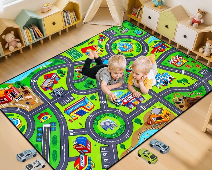 Road Car Rug, 3x5 Ft City Road Rug for Kids, Extra Thick (0.4in) Kids Floor Play Mat and Car Carpet with Realistic Colors - Perfect for Children, Soft and Non-Slip for Playroom and Bedroom