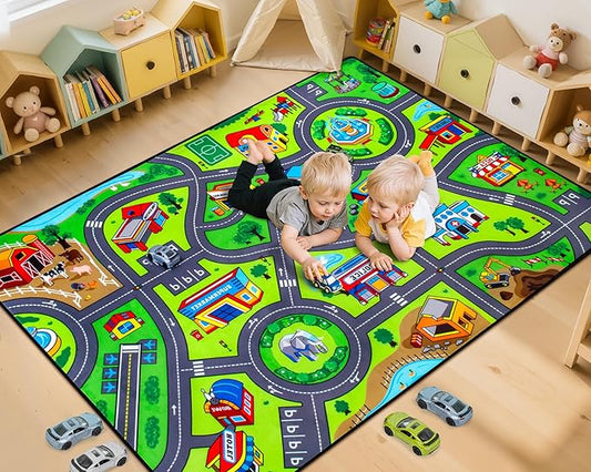 Road Car Rug, 3x5 Ft City Road Rug for Kids, Extra Thick (0.4in) Kids Floor Play Mat and Car Carpet with Realistic Colors - Perfect for Children, Soft and Non-Slip for Playroom and Bedroom