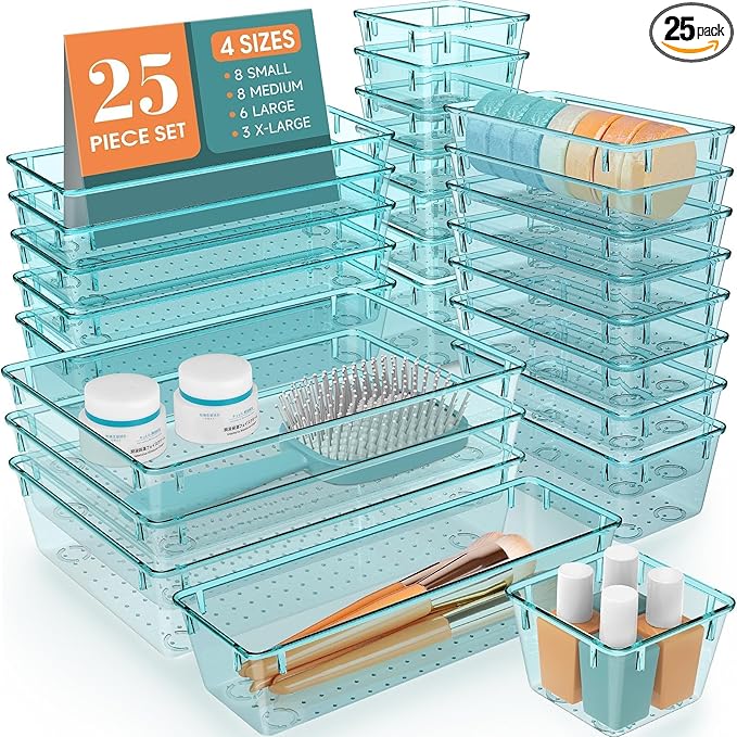 25 PCS Drawer Organizer Set, 4 Varied Size Bathroom and kitchen Drawer cabinet organizer Trays, Clear Storage Bins for Makeup, Jewelry, Utensils and Gadgets