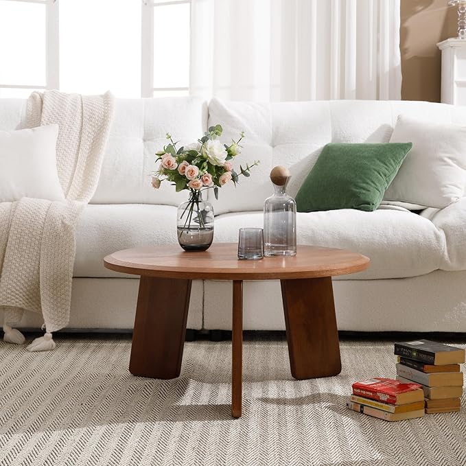 Modern Wood Coffee Table Small Desk Farmhouse Round Coffee Table Floor Table Couch Table Easy Assembly for Living Room/Office/Reception/Sofa Couch End, Walnut