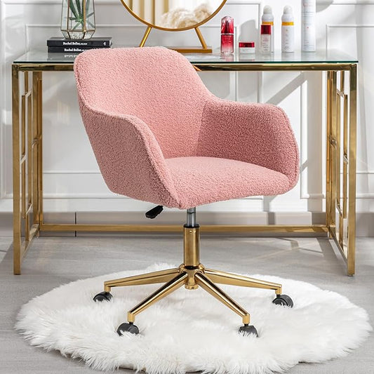 Goujxcy Fluffy Desk Chair, Faux Fur Vanity Chair Swivel Office Chair for Girls Women, Height Adjustable Cute Teddy Furry Makeup Chairs for Bedroom Home Office