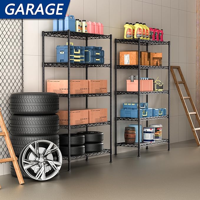 5-Shelf Adjustable Heavy Duty Storage Shelving Unit, Metal Organizer Wire Rack for Laundry Bathroom Kitchen Pantry Closet, Black