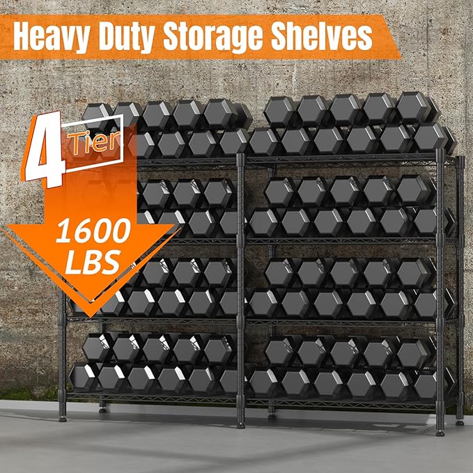 Homdox Heavy Duty Storage Shelves, 4 Tier Wire Shelving Unit, Adjustable Metal Shelves for Storage, Garage Rack Pantry Shelves Kitchen Shelving, 18"x72"x60", Black