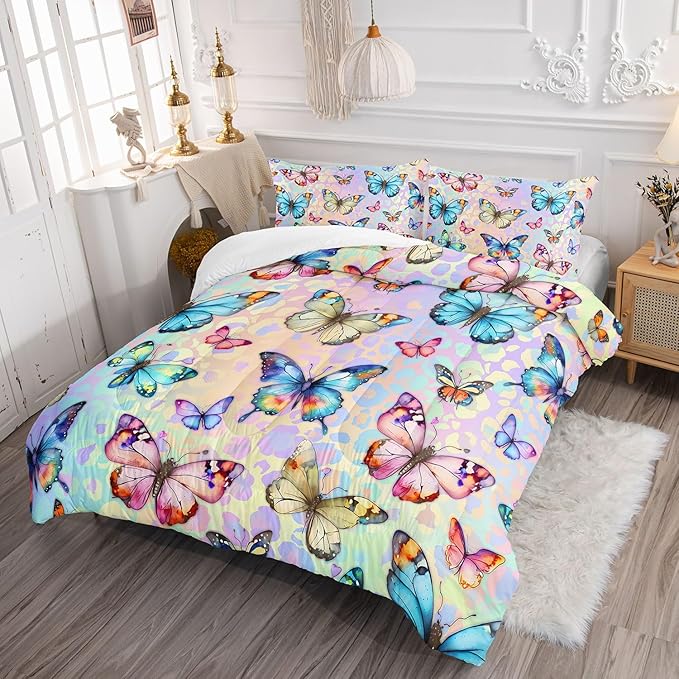 Kids Comforter Set Butterfly Printed Pattern Bedding Set with 1 Comforter and 2 Pillowcases for Girls Boys Bedroom All Season(Butterfly0 Queen)