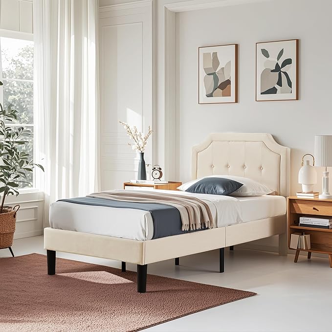 VECELO Twin Upholstered Platform Bed Frame with Adjustable Button Stitched Panel Headboard,Strong Wood Slat Support,Velcro Design,Mattress Foundation/Easy Assembly,Beige