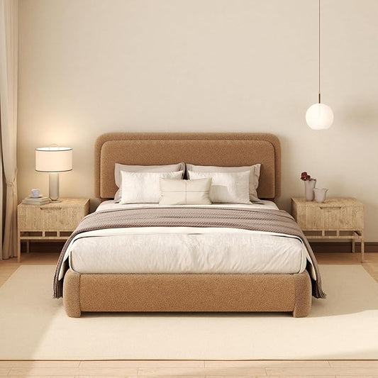 Queen Boucle Platform Bed Frame with Height Adjustable Headboard, Modern Upholstered Cloud Bed, Sleek Curved Design, No Box Spring Needed, Easy Assembly, Noise Free, Camel