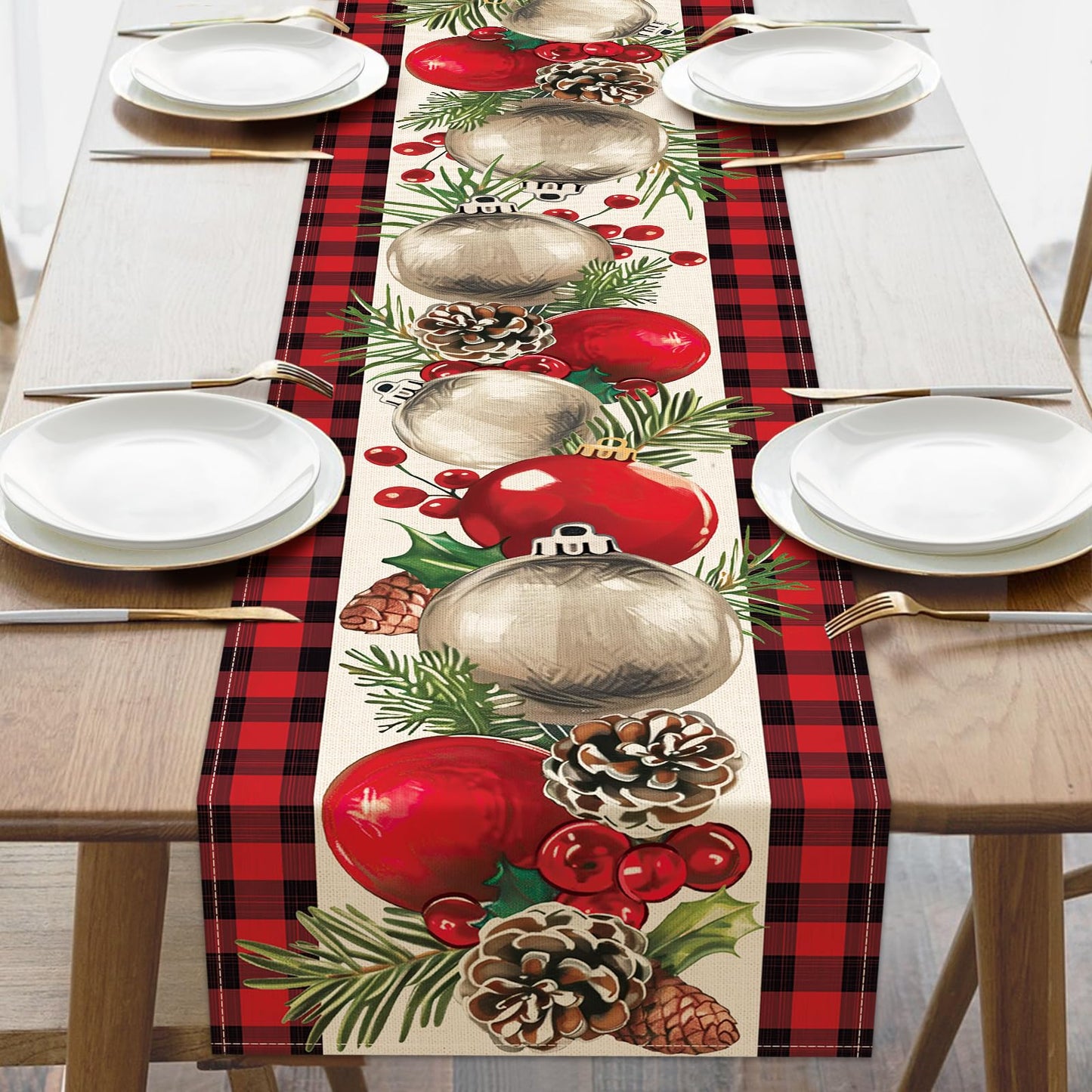 Croar Christmas Balls Dining Table Runner, Xmas Pine Cones Needle Branches Holly Berries Burlap Kitchen Decoration, Winter Holiday Plaid Farmhouse Indoor Outdoor Home Decor Party Supply 13 x 72 Inches