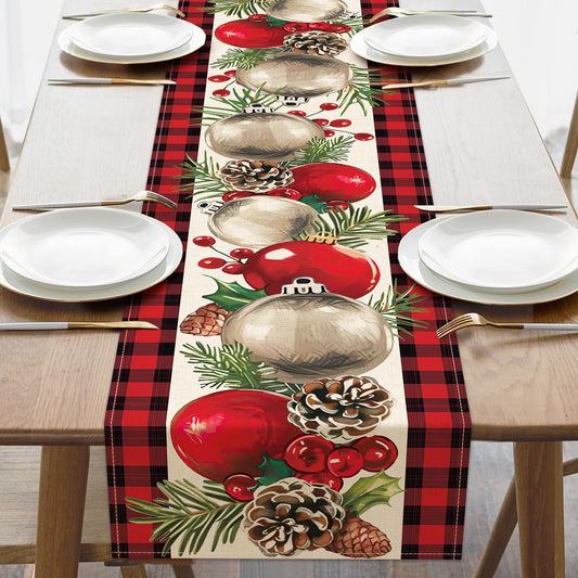 Croar Christmas Balls Dining Table Runner, Xmas Pine Cones Needle Branches Holly Berries Burlap Kitchen Decoration, Winter Holiday Plaid Farmhouse Indoor Outdoor Home Decor Party Supply 13 x 72 Inches